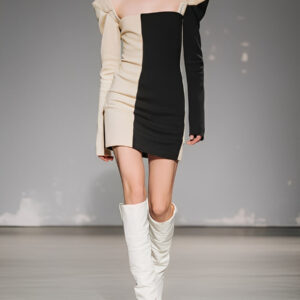 Women's Black & Ivory Knitted Mini Dress With Color-Block Silhouette & Structured Shoulders, Modern Statement Style Dress MDA0409K3I