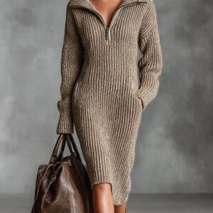Women's Casual Mid-Length Sweater Dress With Adjustable Neckline And Zipper MDA0495K2AN