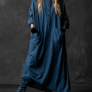 Women's Navy Blue Linen-Blend Bohemian Dress With Oversized Silhouette & Statement Pockets, Artistic Casual Style Dress MDA0411K0I