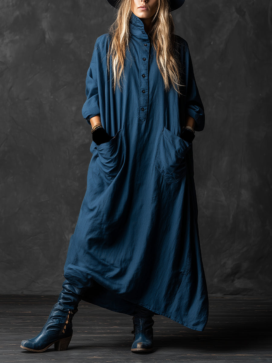 Women's Navy Blue Linen-Blend Bohemian Dress With Oversized Silhouette & Statement Pockets, Artistic Casual Style Dress MDA0411K0I