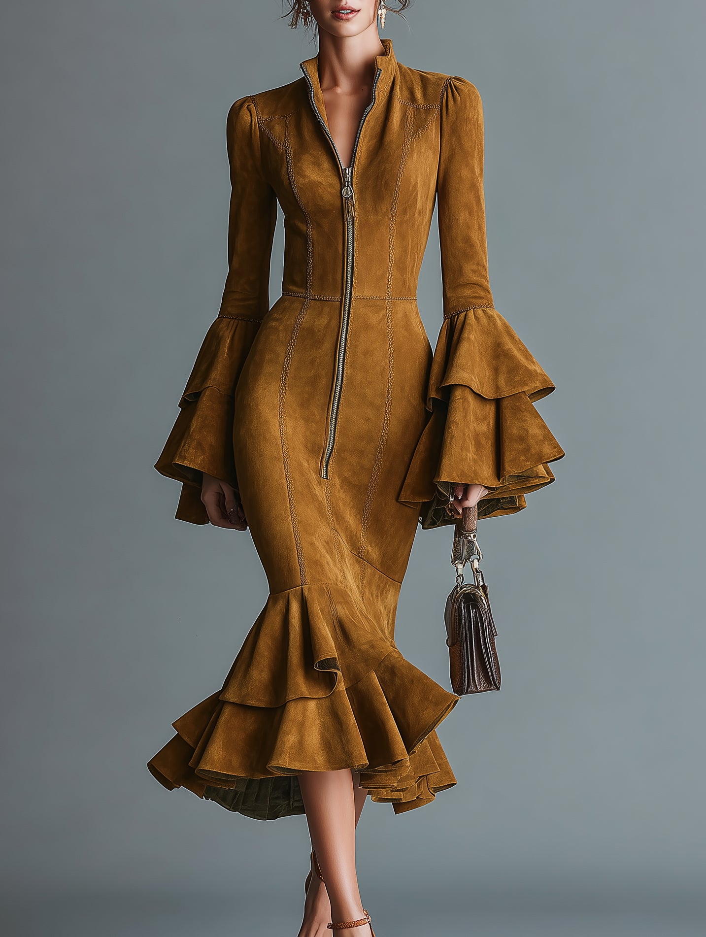 Women's Slim-fit Bodycon Ruffle Zipper Dress MDA0440K0AN