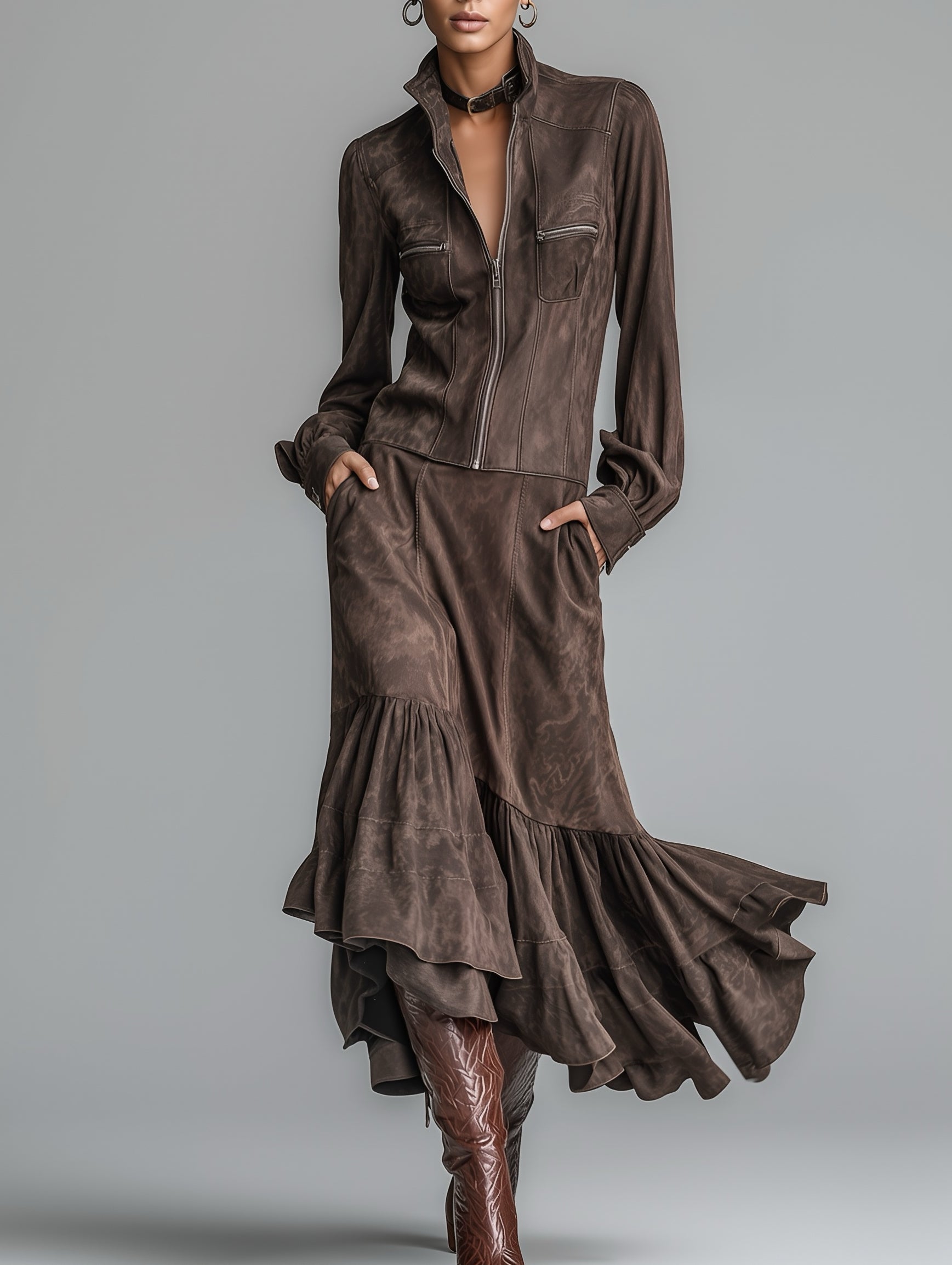 Women's Suede Casual Retro Fashion Two-Piece Set MDA0416K6AN