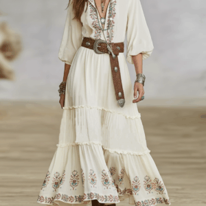 Women's Loose Cotton Linen Embroidered Mid-sleeve Maxi Dress MDA0450K4Y