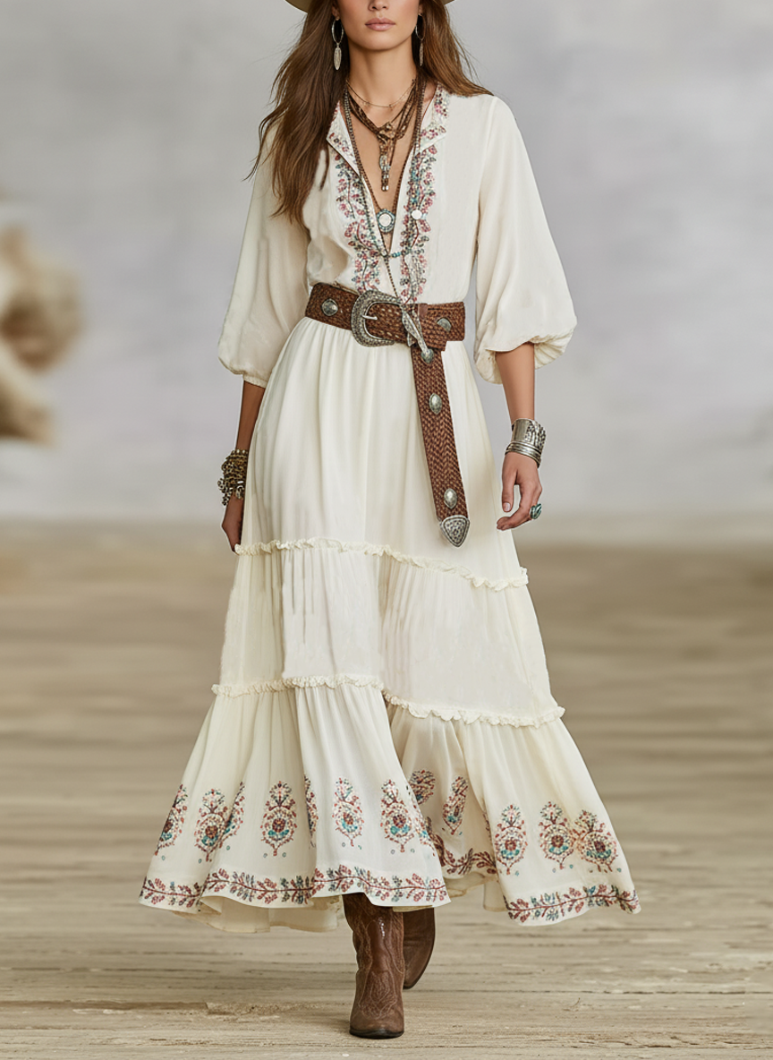 Women's Loose Cotton Linen Embroidered Mid-sleeve Maxi Dress MDA0450K4Y