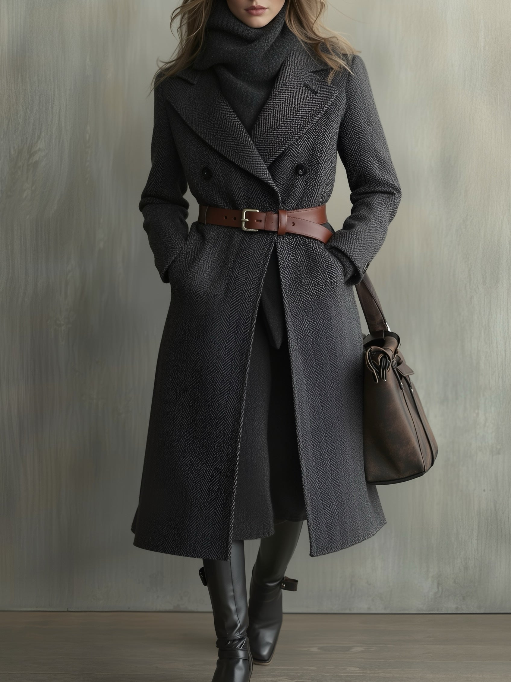 Women's Double-breasted Coat With Subtle Pattern And Contrasting Color Belt MDA0447K0AN