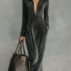 Women's V-neck Corduroy Slim-fit Elegant Long Dress MDA0439K1AN