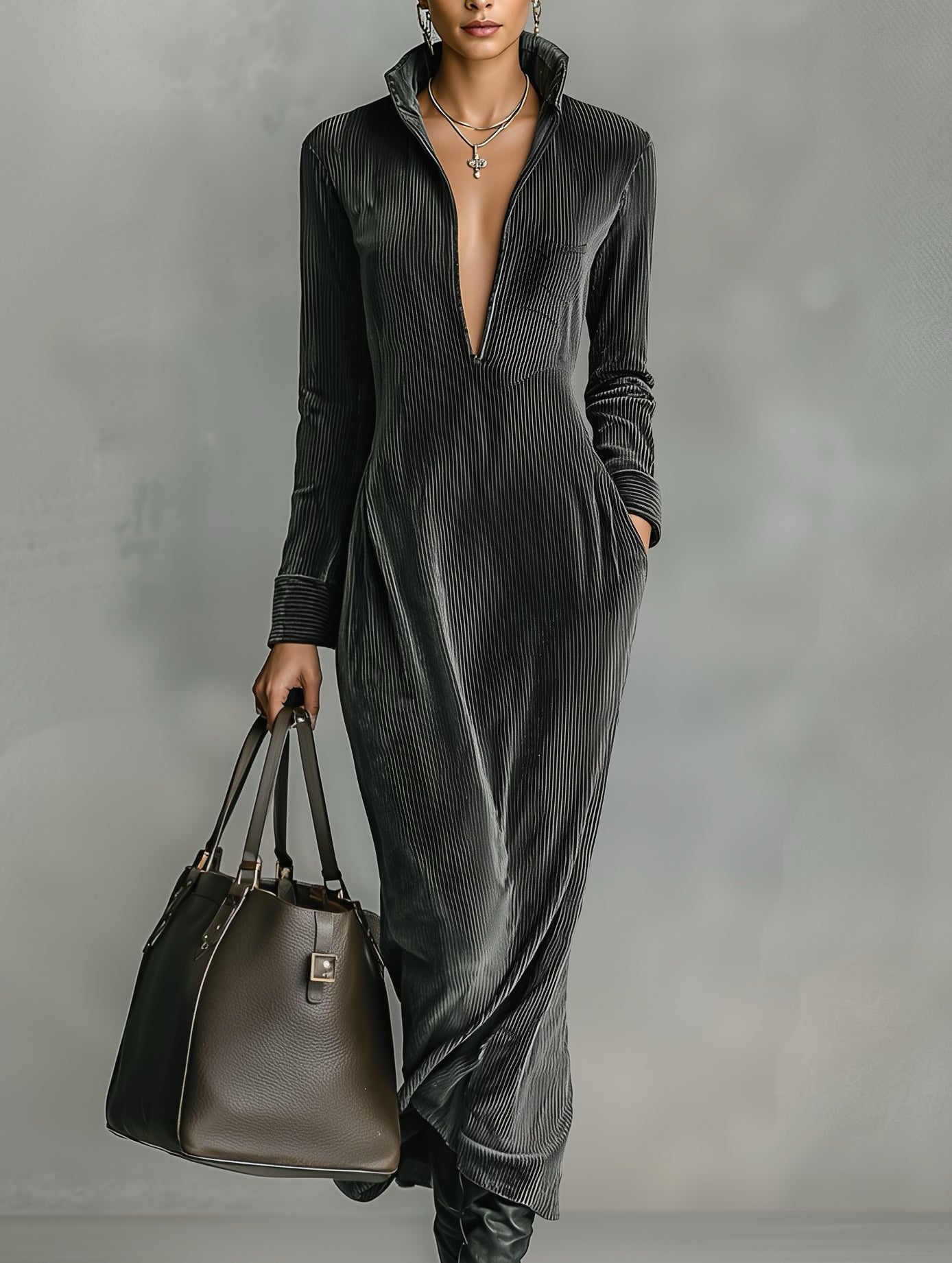 Women's V-neck Corduroy Slim-fit Elegant Long Dress MDA0439K1AN